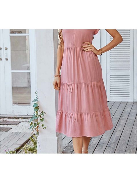 KIKI Sommerkleid Sommerkleid Damen Knielang Kurzarm Blusenkleid Elegant V-A günstig online kaufen