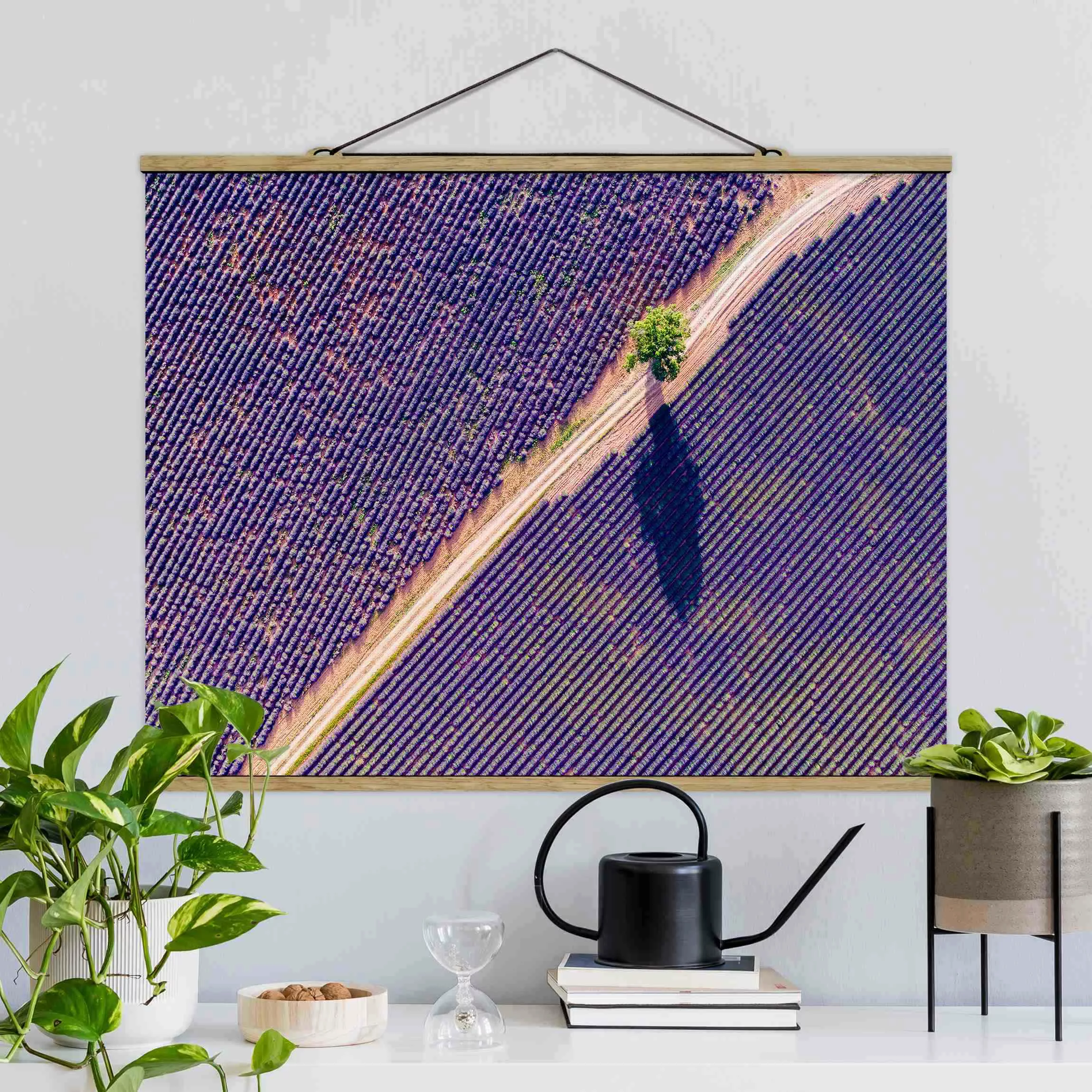 Stoffbild mit Posterleisten Lavendelfeld Draufsicht günstig online kaufen