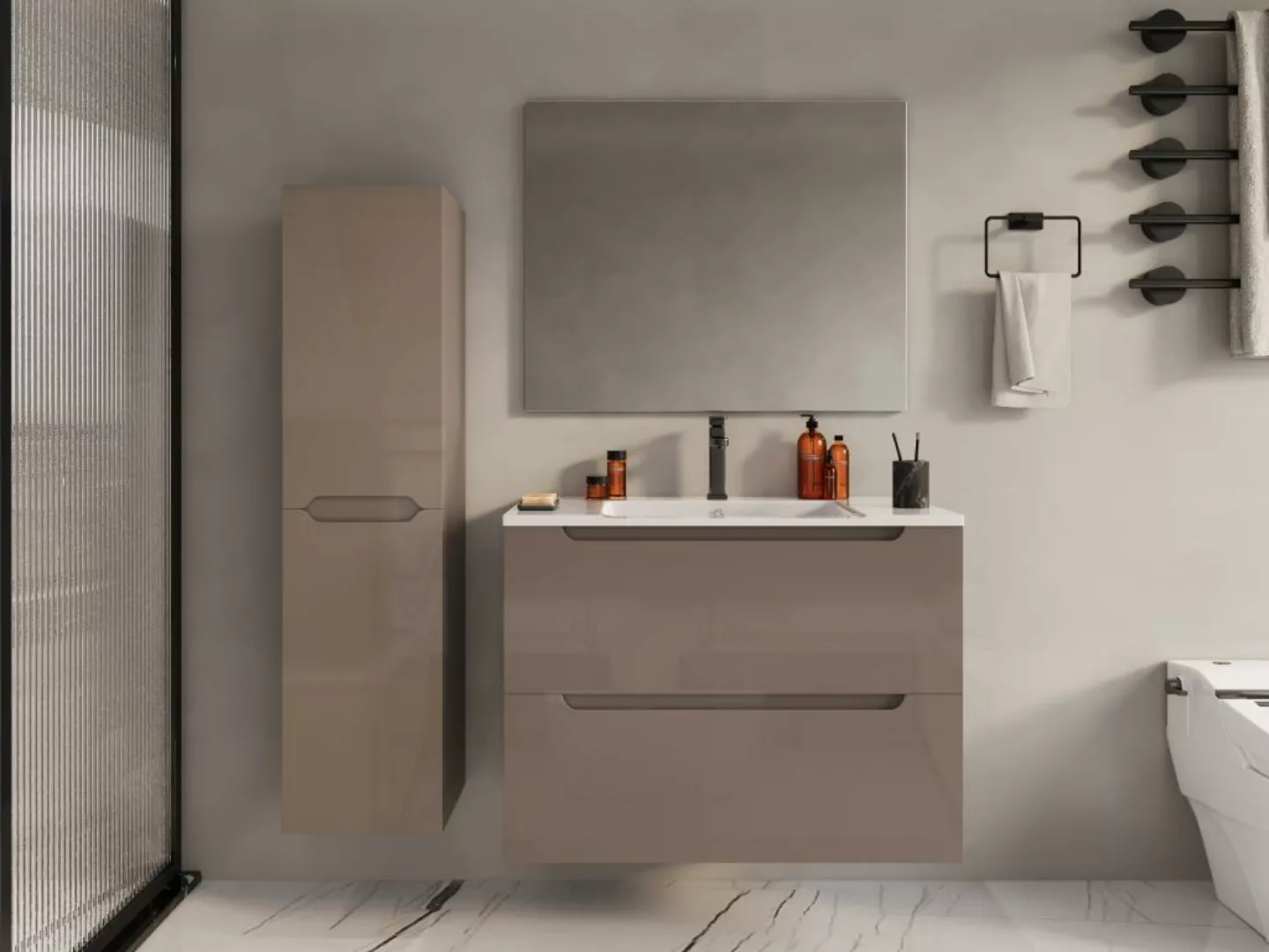 Waschbeckenunterschrank hängend mit Einzelwaschbecken & Badhochschrank - 80 günstig online kaufen