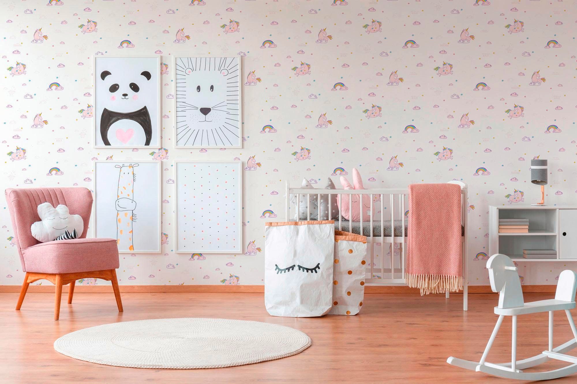 Bricoflor Babyzimmer Tapete mit Einhorn Wolken Tapete für Kinderzimmer Rosa günstig online kaufen