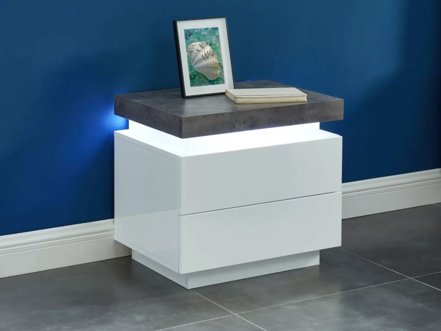 Nachttisch mit 2 Schubladen & LEDs - MDF lackiert - Weiß & Beton-Optik - HA günstig online kaufen