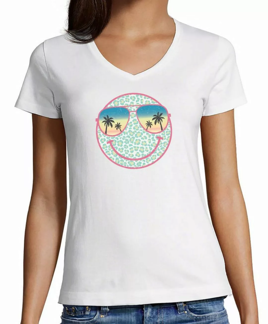 MyDesign24 T-Shirt Damen Smiley Print Shirt - Lächelnder Sommer Smiley V-Au günstig online kaufen