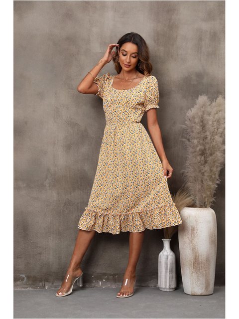 KIKI Abendkleid Midikleid Kurzärmeliges Blumenkleid für Damen U-Ausschnitt günstig online kaufen