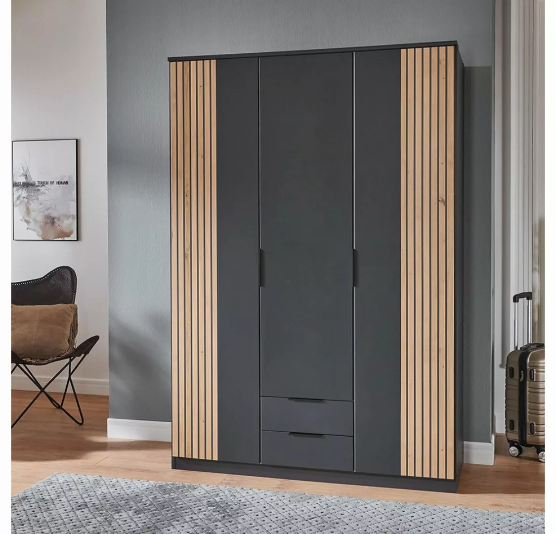 Lomadox Kleiderschrank LAZISE-43 Drehtürenschrank 135cm, graphit mit Eiche günstig online kaufen