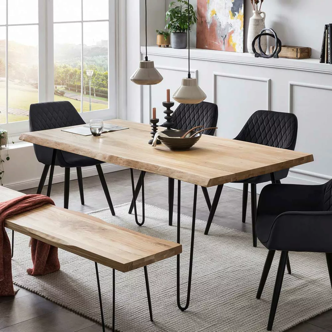 Holztisch massiv mit Hairpin Gestell Baumkante günstig online kaufen