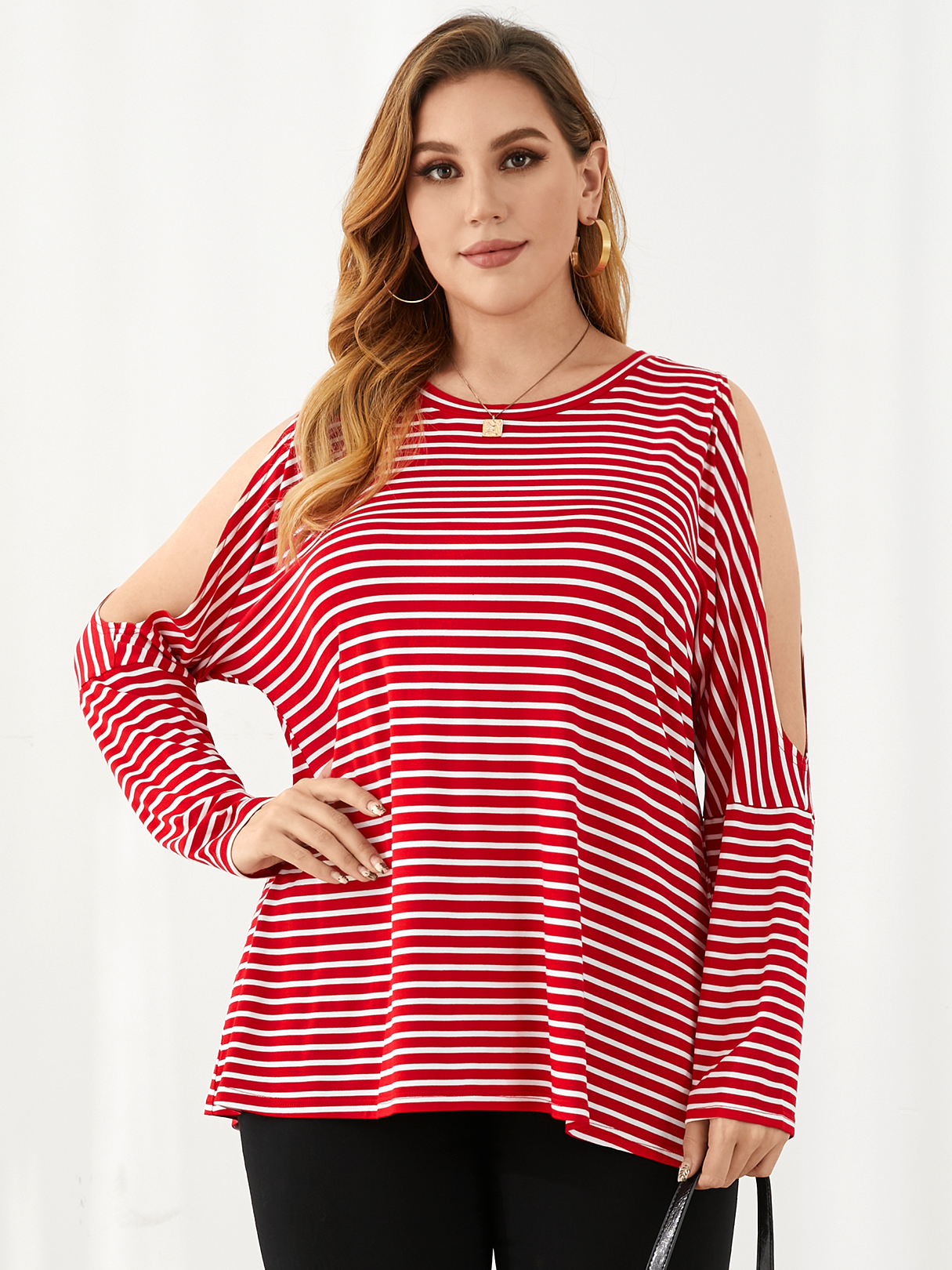 YOINS Plus Größe Cold Shoulder Striped Long Sleeves T-Shirt günstig online kaufen