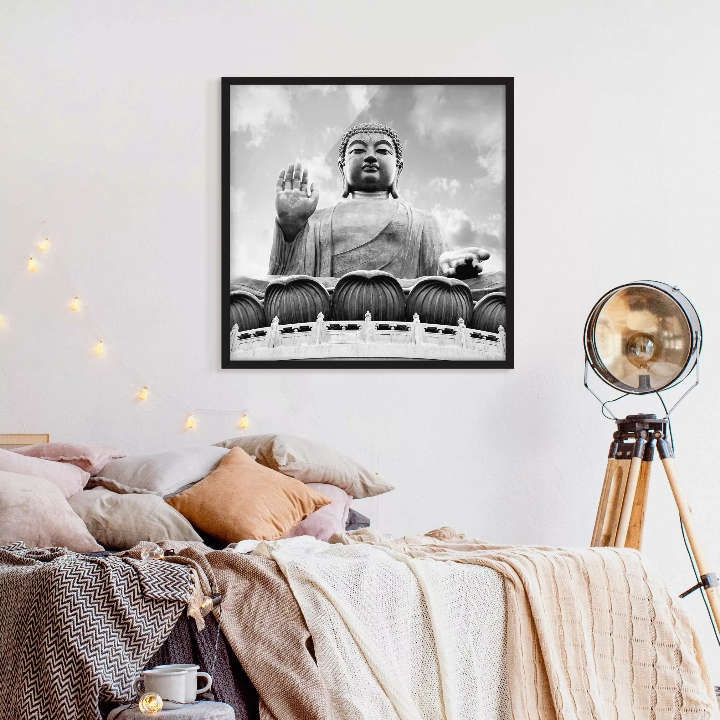 Bild mit Rahmen Großer Buddha Schwarz-Weiß günstig online kaufen