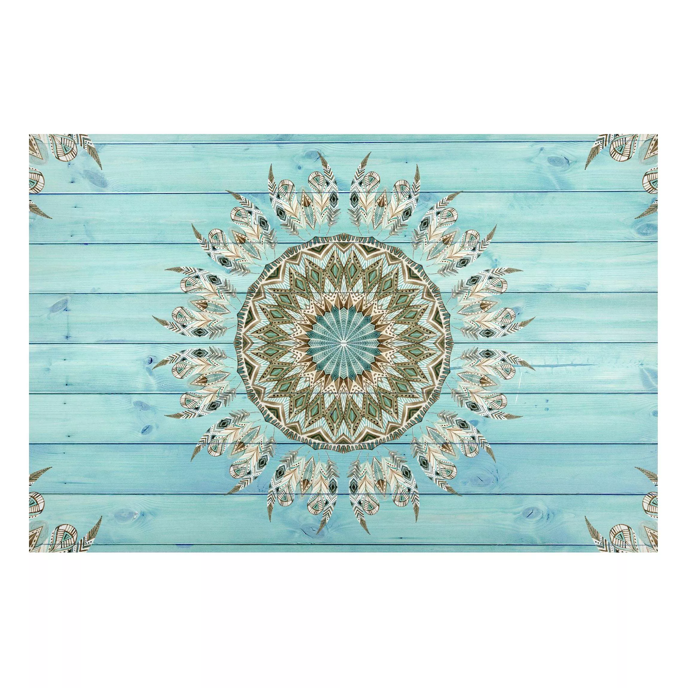 Magnettafel Mandala Aquarell Federn blau grün auf Planke günstig online kaufen