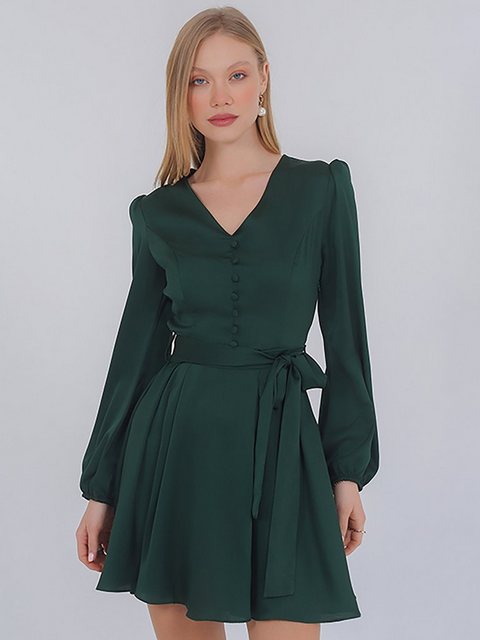 Freshlions Satinkleid Kleid 'Lilla' M grün Sonstige, Taillentunnelzug günstig online kaufen