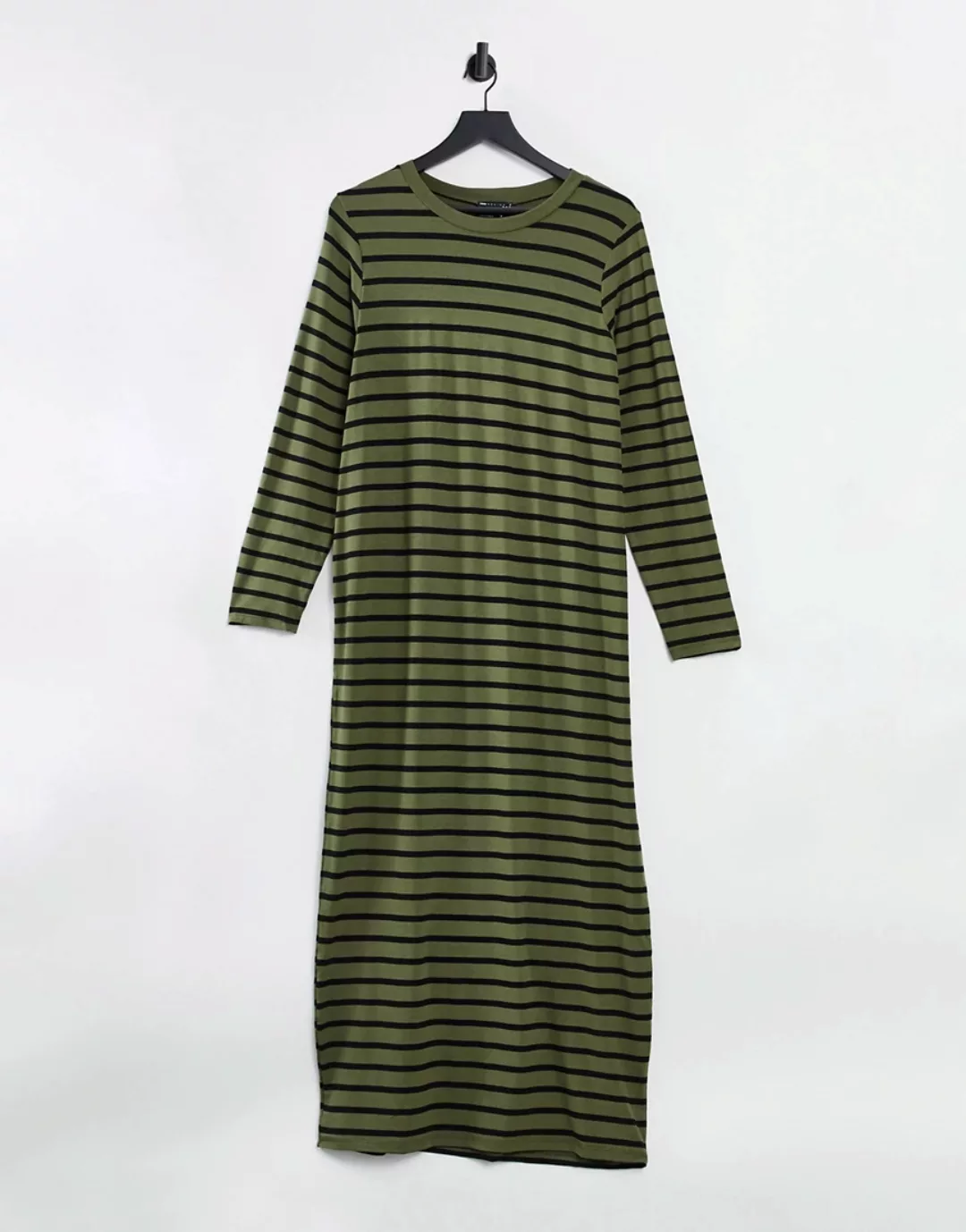 ASOS DESIGN – Langärmliges Maxi-T-Shirt-Kleid in Khaki mit schwarzen Streif günstig online kaufen
