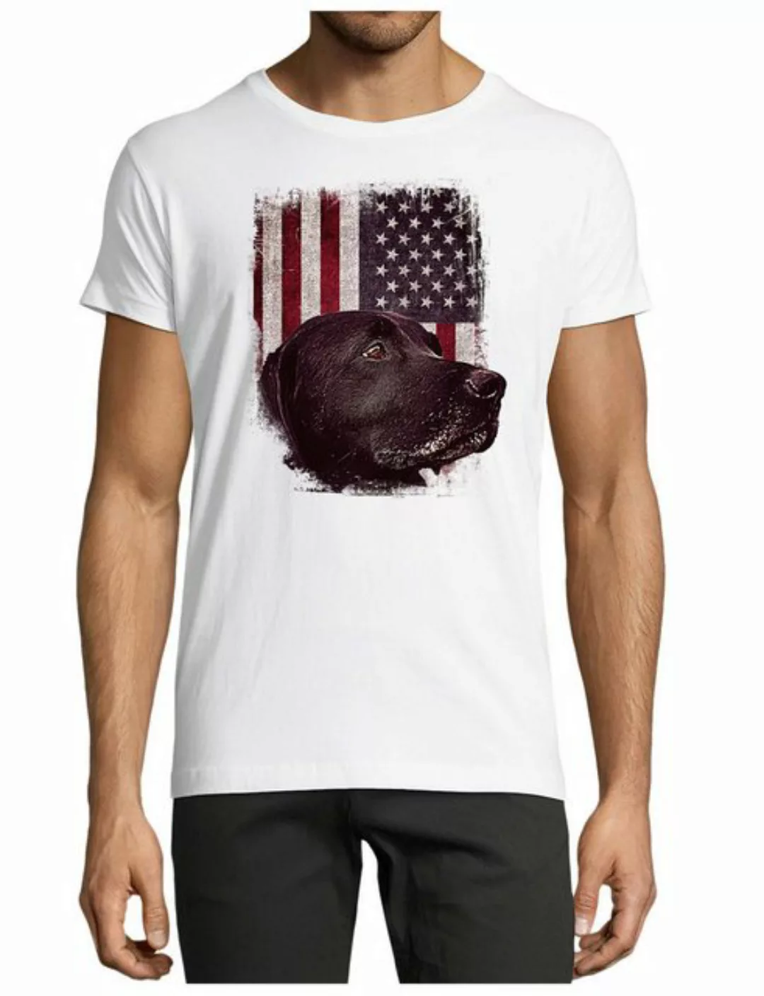 MyDesign24 T-Shirt Herren Hunde Print Shirt - Schwarzer Labrador vor USA Fl günstig online kaufen