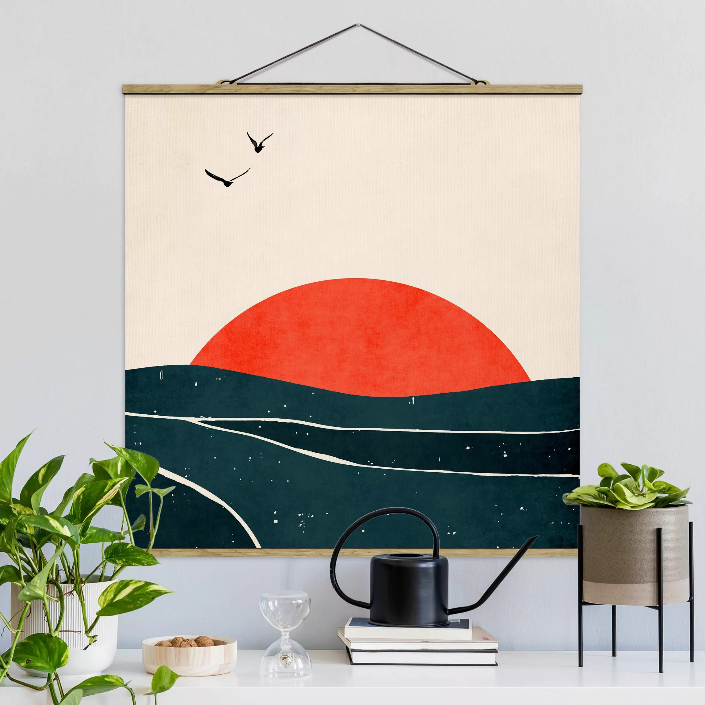 Stoffbild mit Posterleisten Meer vor rotem Sonnenuntergang günstig online kaufen