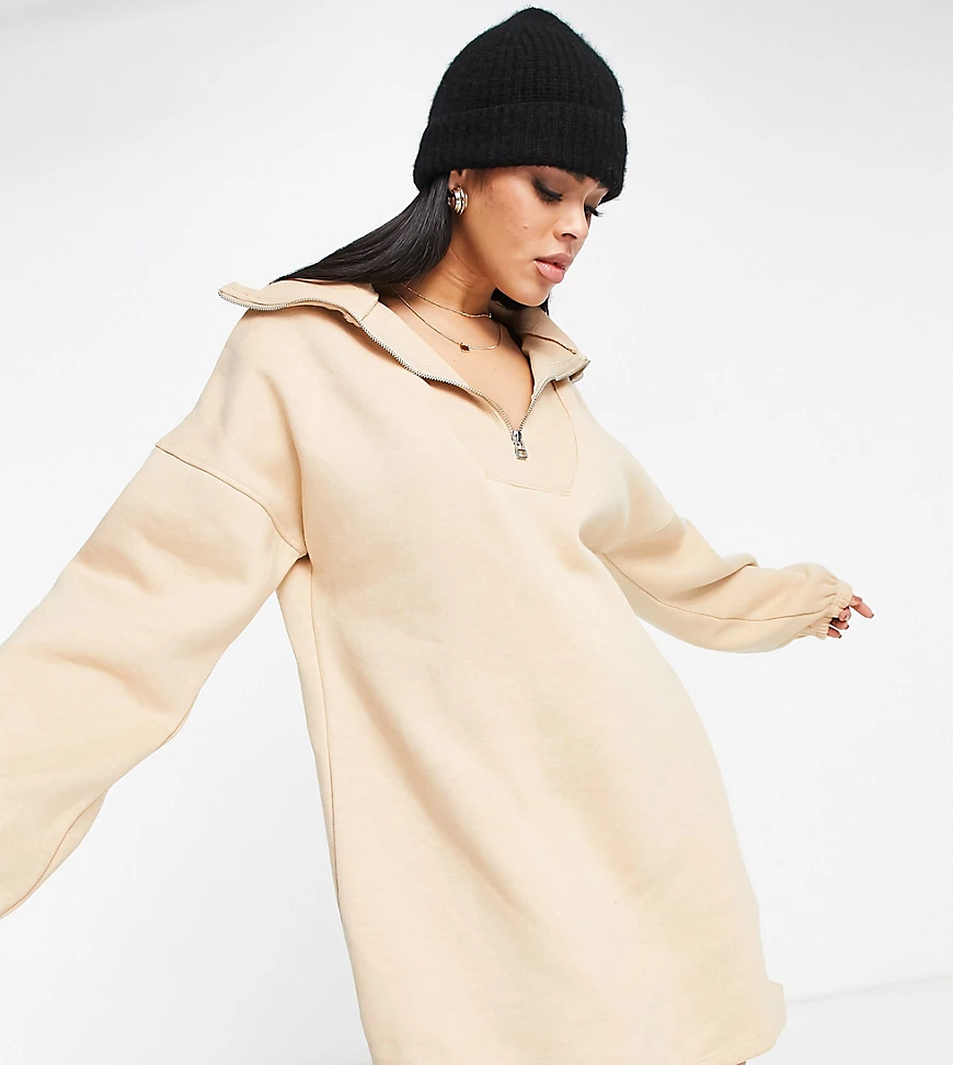 Missguided – Sweatshirt-Kleid in Sand mit Reißverschluss am Ausschnitt-Schw günstig online kaufen
