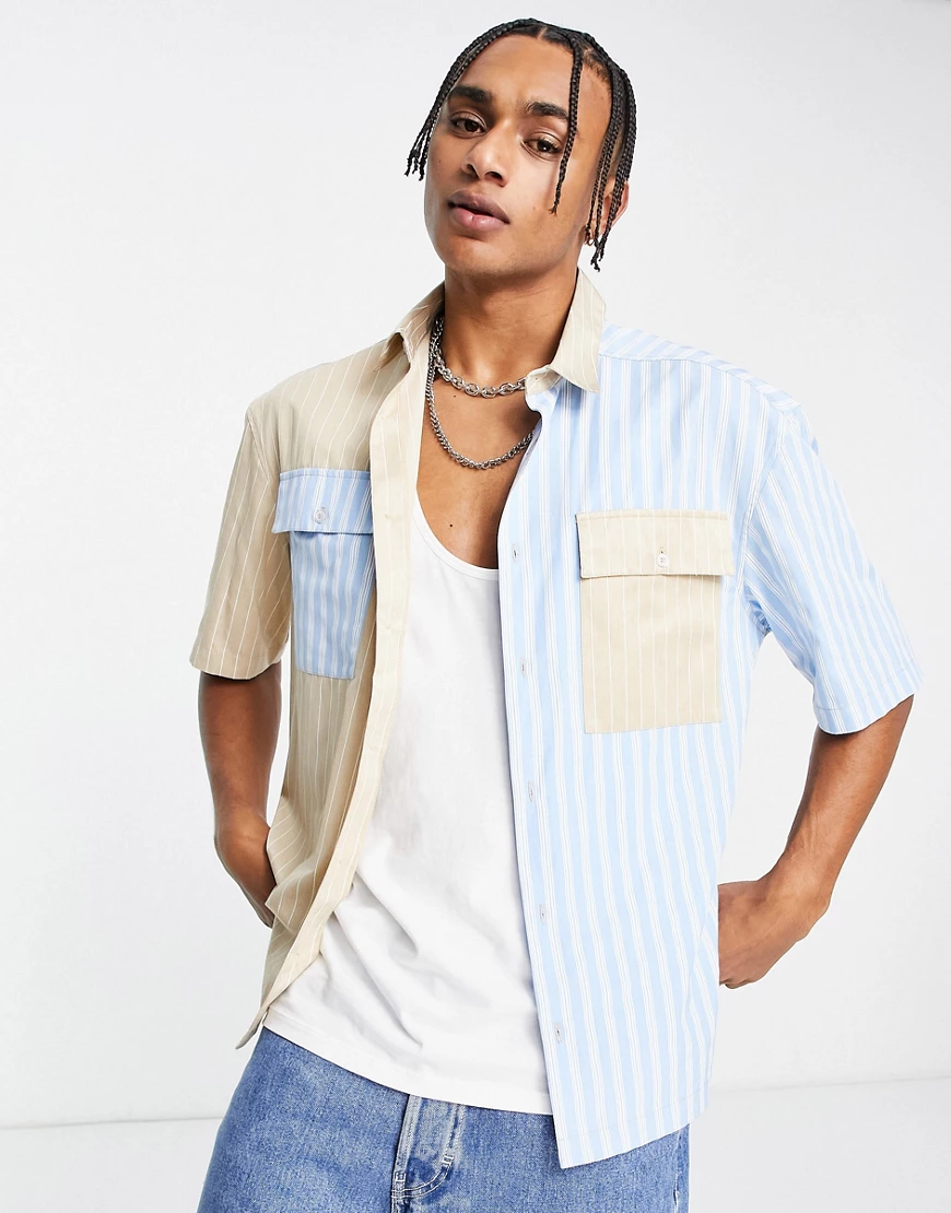 Topman – Oversize-Hemd in Stein und Blau gestreift im Patchwork-Stil-Bunt günstig online kaufen