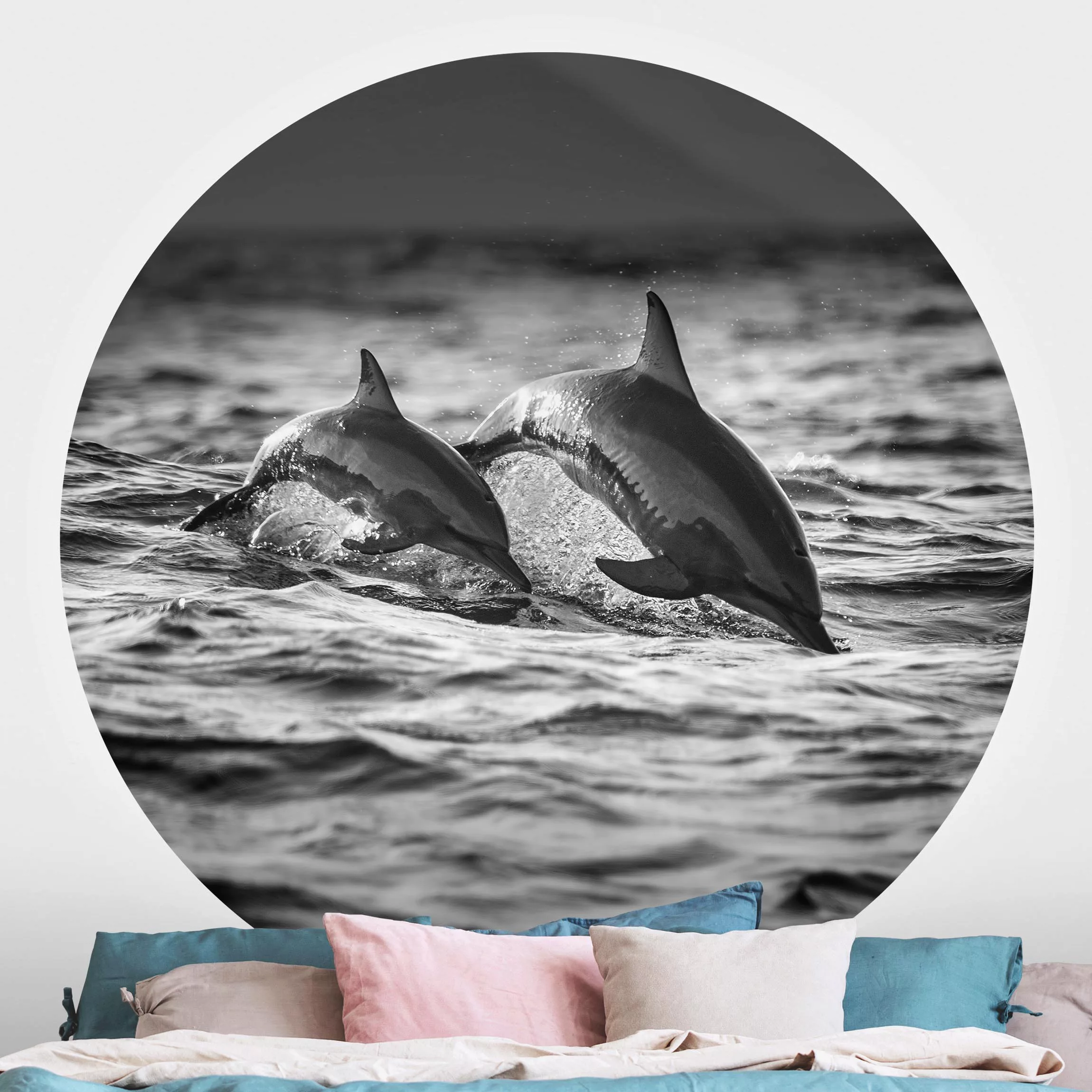 Runde Fototapete selbstklebend Zwei springende Delfine günstig online kaufen