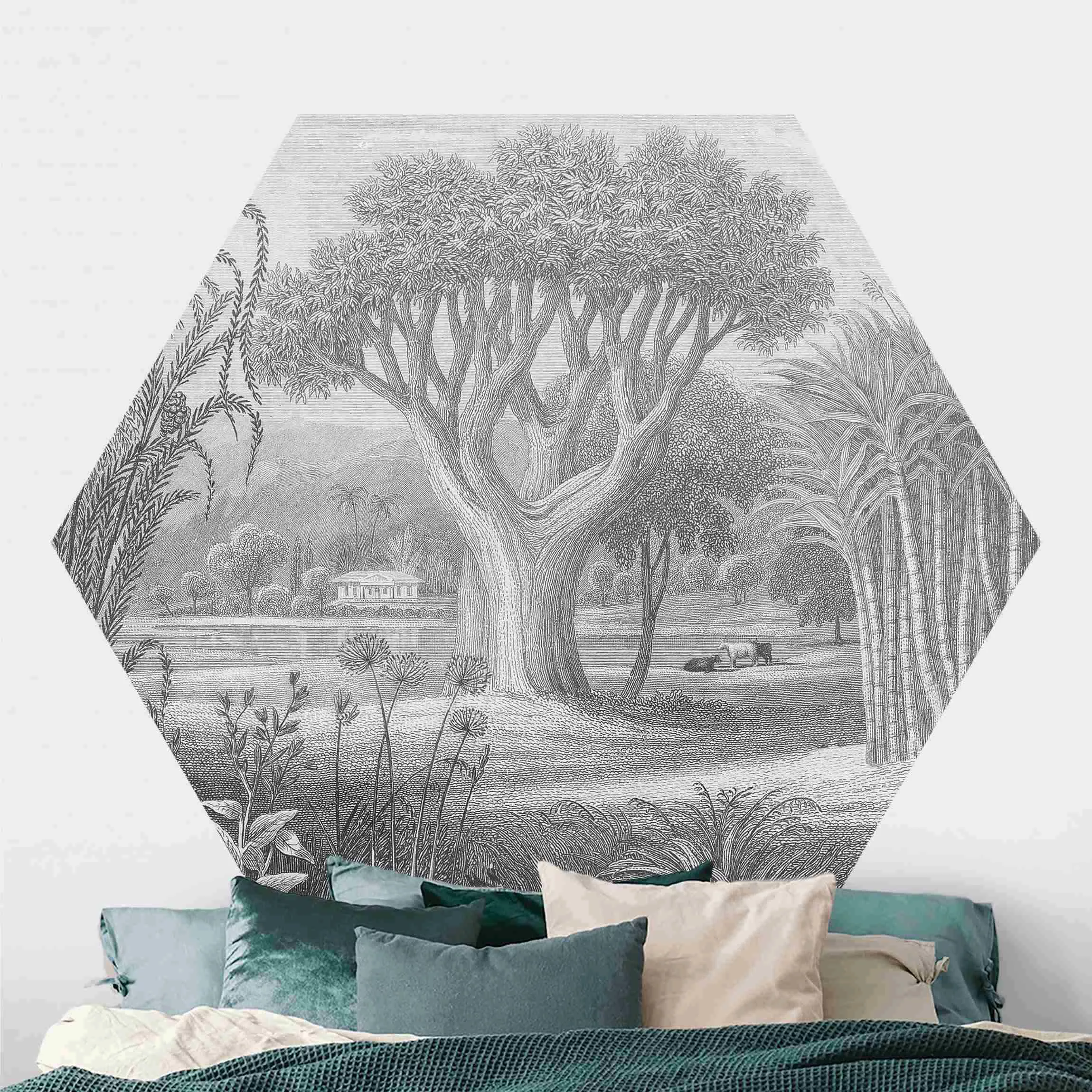 Hexagon Mustertapete selbstklebend Tropischer Kupferstich Garten mit Teich günstig online kaufen