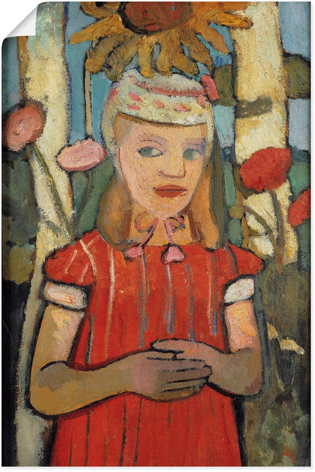 Artland Kunstdruck "Mädchen in rotem Kleid vor Sonnenblume.", Bilder von Ki günstig online kaufen