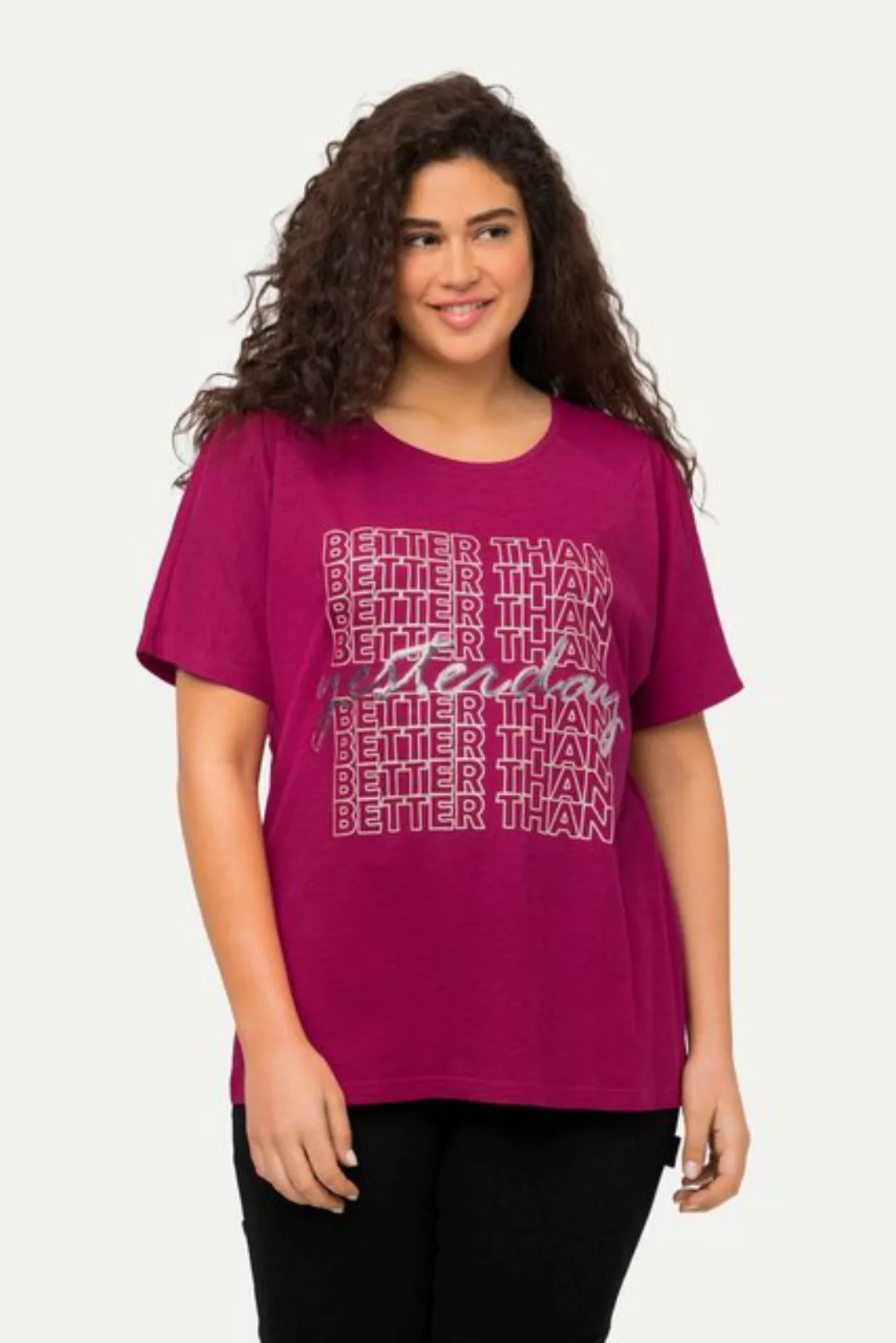 Ulla Popken Rundhalsshirt T-Shirt Schriftmotiv Pailletten Rundhals Halbarm günstig online kaufen