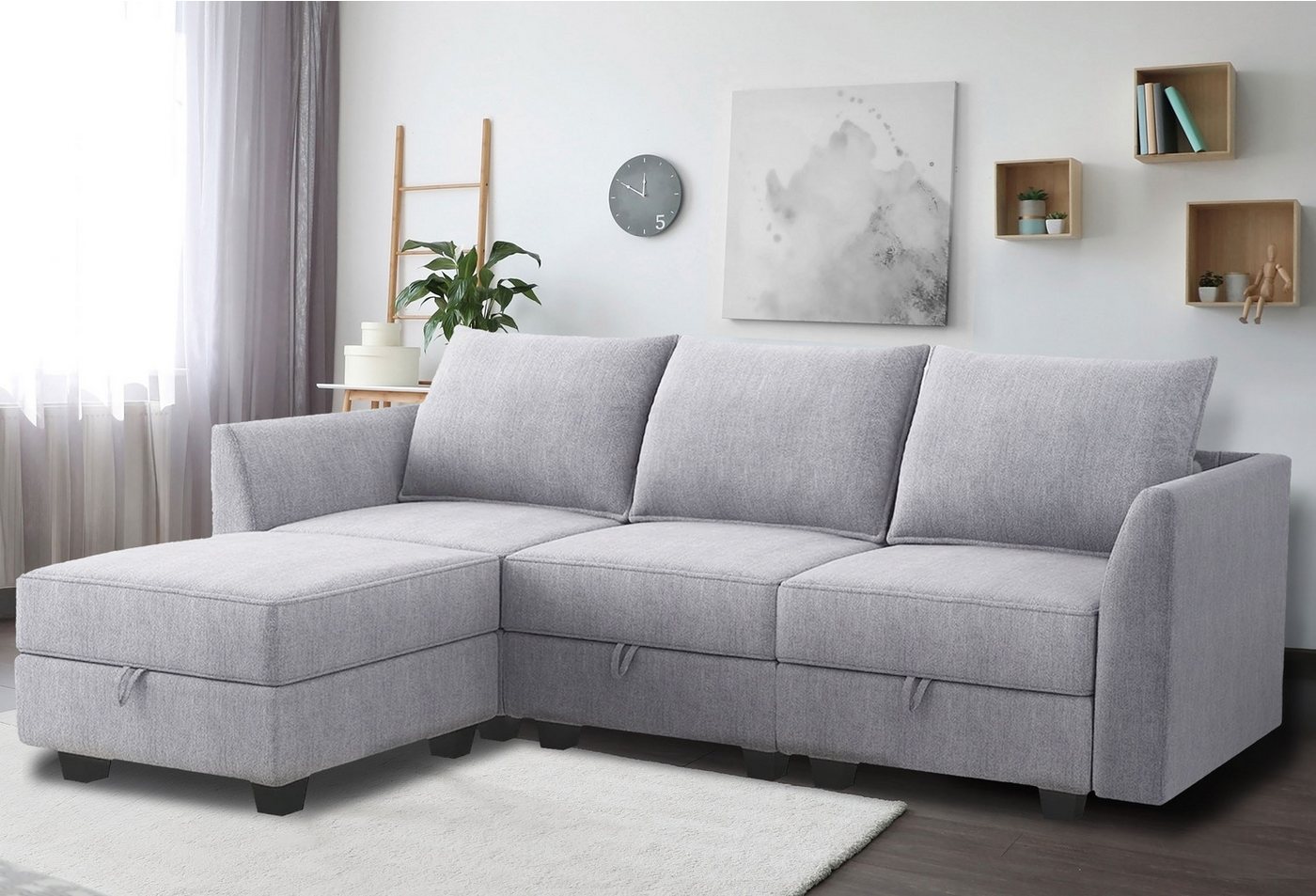 Leawin Ecksofa L-Form Sofa mit Ottomane und Stauraum, Schlaf- und Gästebett günstig online kaufen