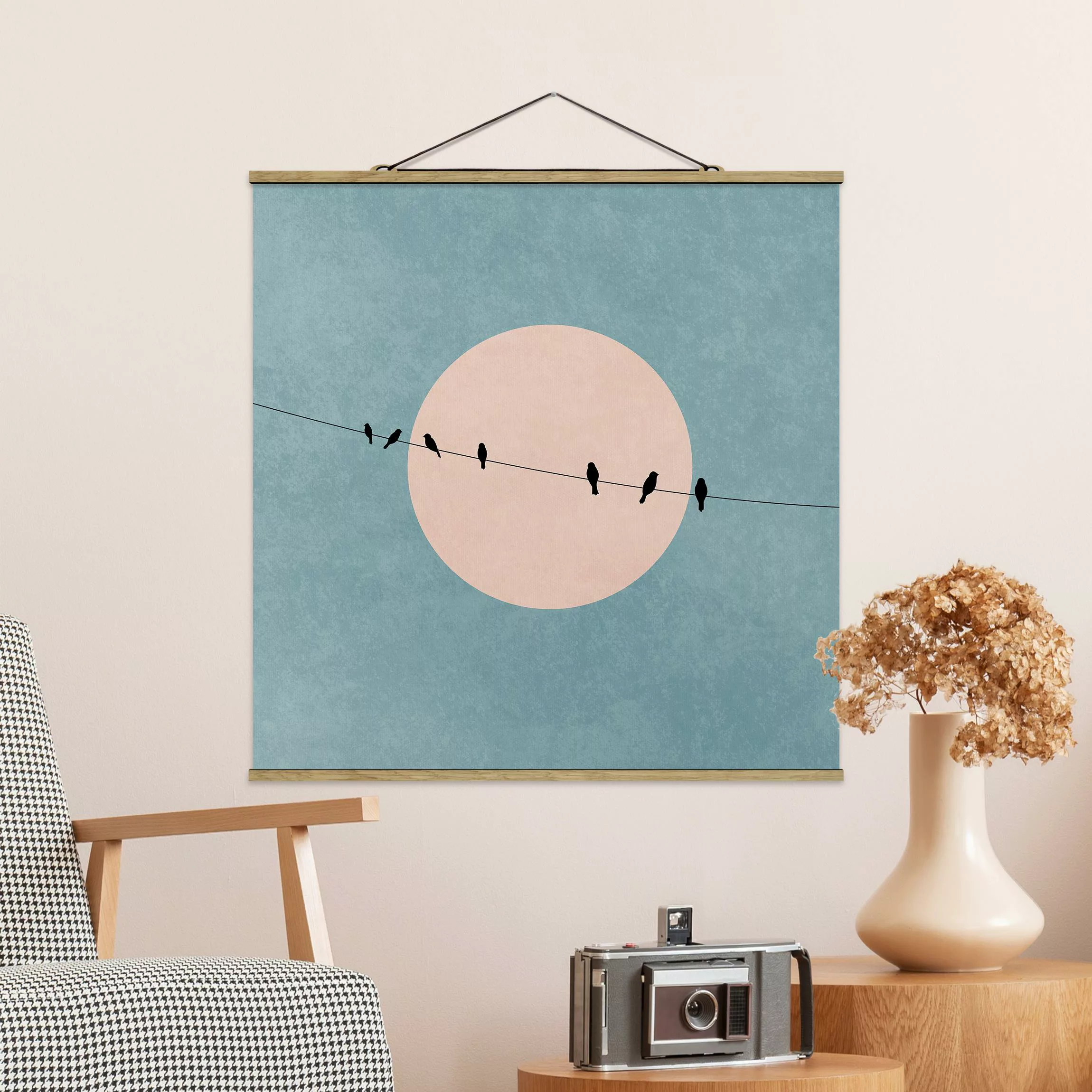 Stoffbild mit Posterleisten Vögel vor rosa Sonne I günstig online kaufen