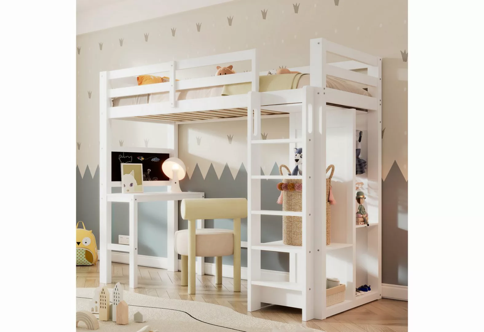 Flieks Hochbett Kinderbett 90x200cm mit Schreibtisch, offenen Kleiderschran günstig online kaufen