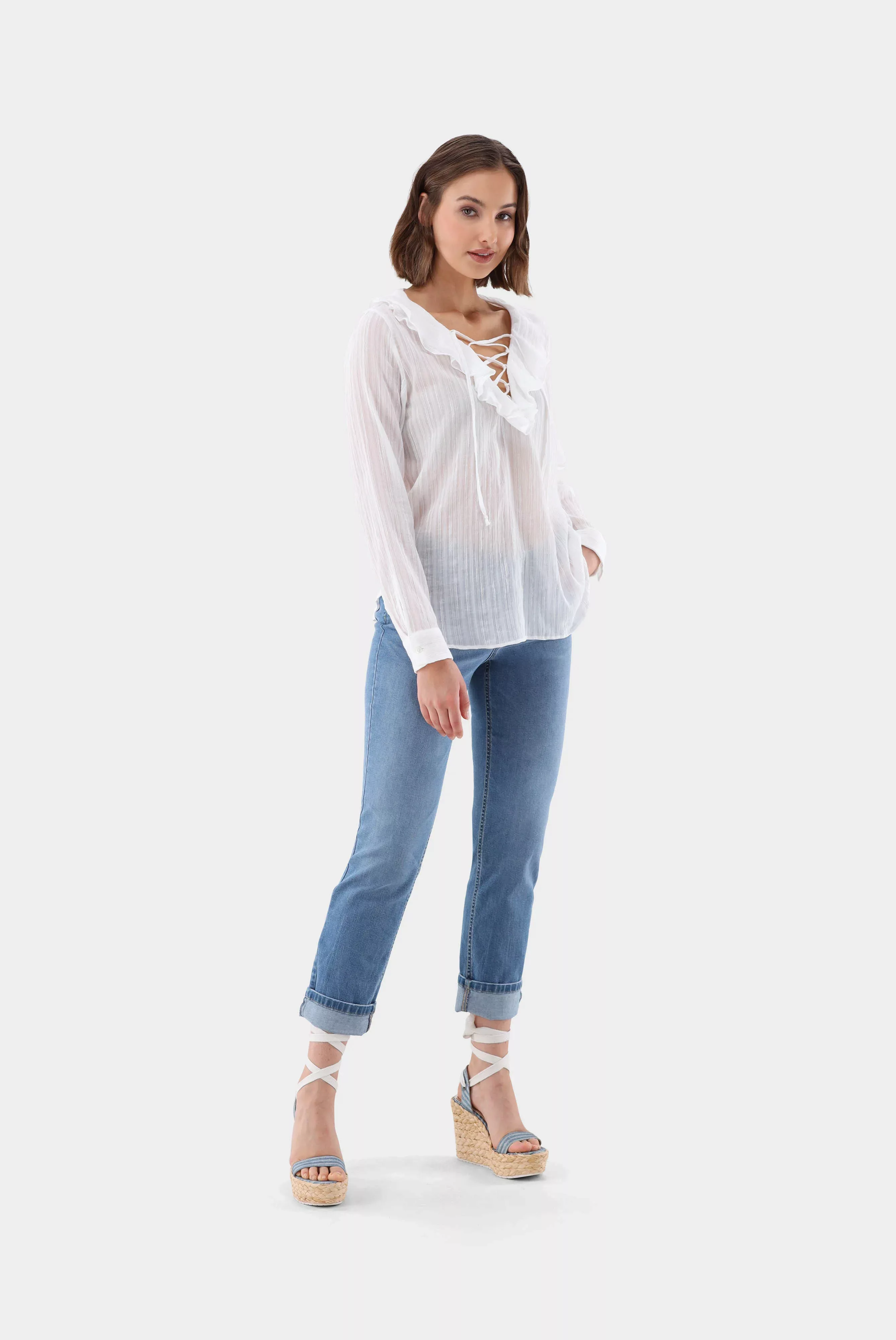 Jacquard Bluse mit Volant günstig online kaufen