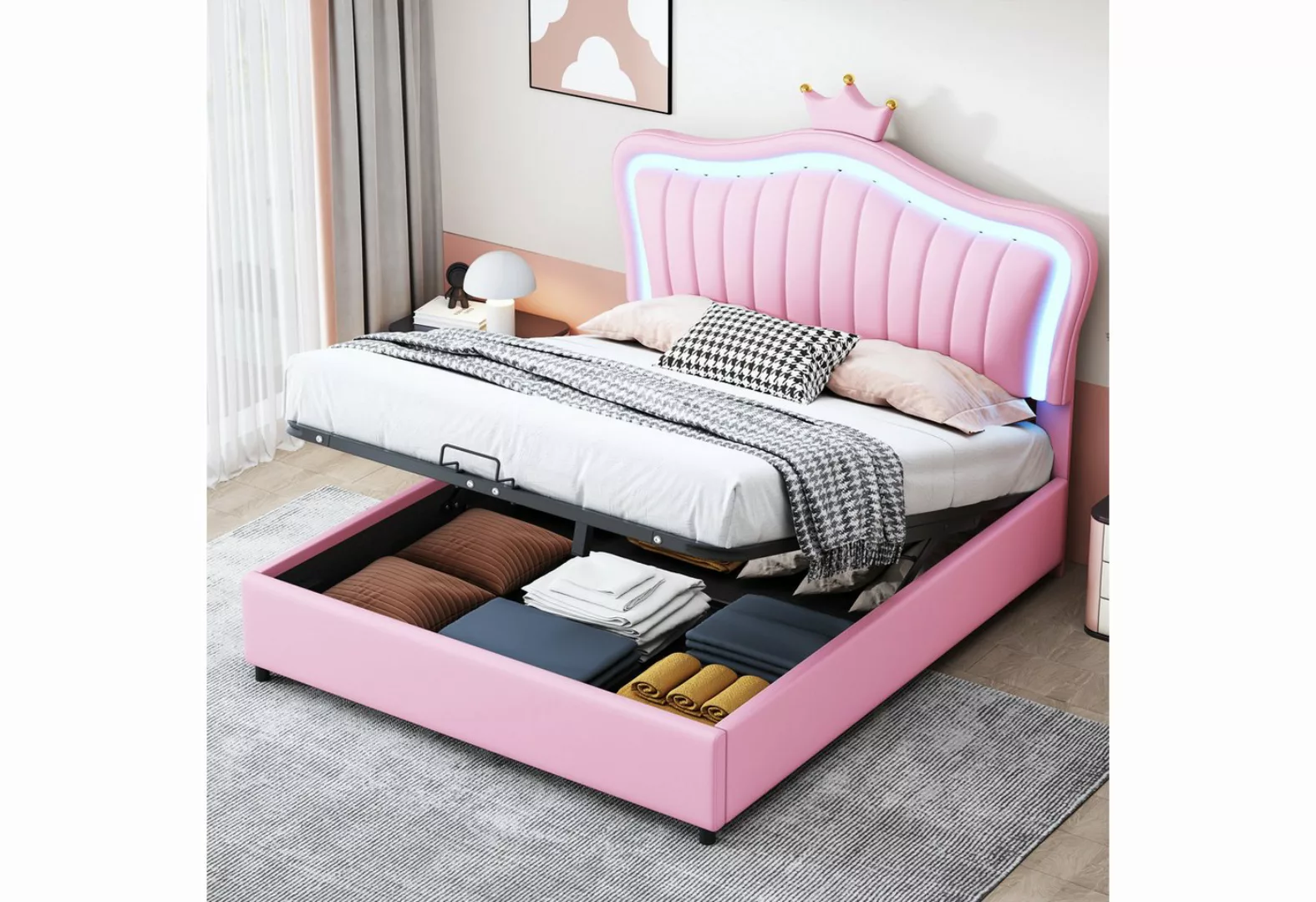 Rutaqian Polsterbett Doppelbett Kinderbett mit LED, Lattenrost und Rückenle günstig online kaufen