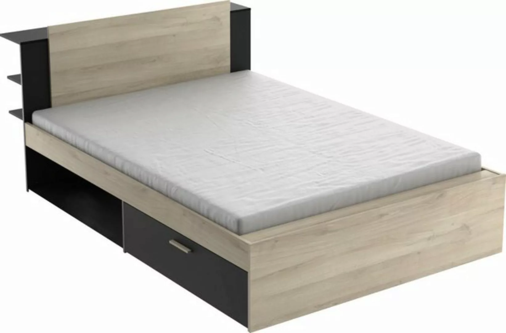 Kombi-Bett mit Stauraum - 140 x 190/200 cm - Holzfarben & Schwarz - ERALIA günstig online kaufen