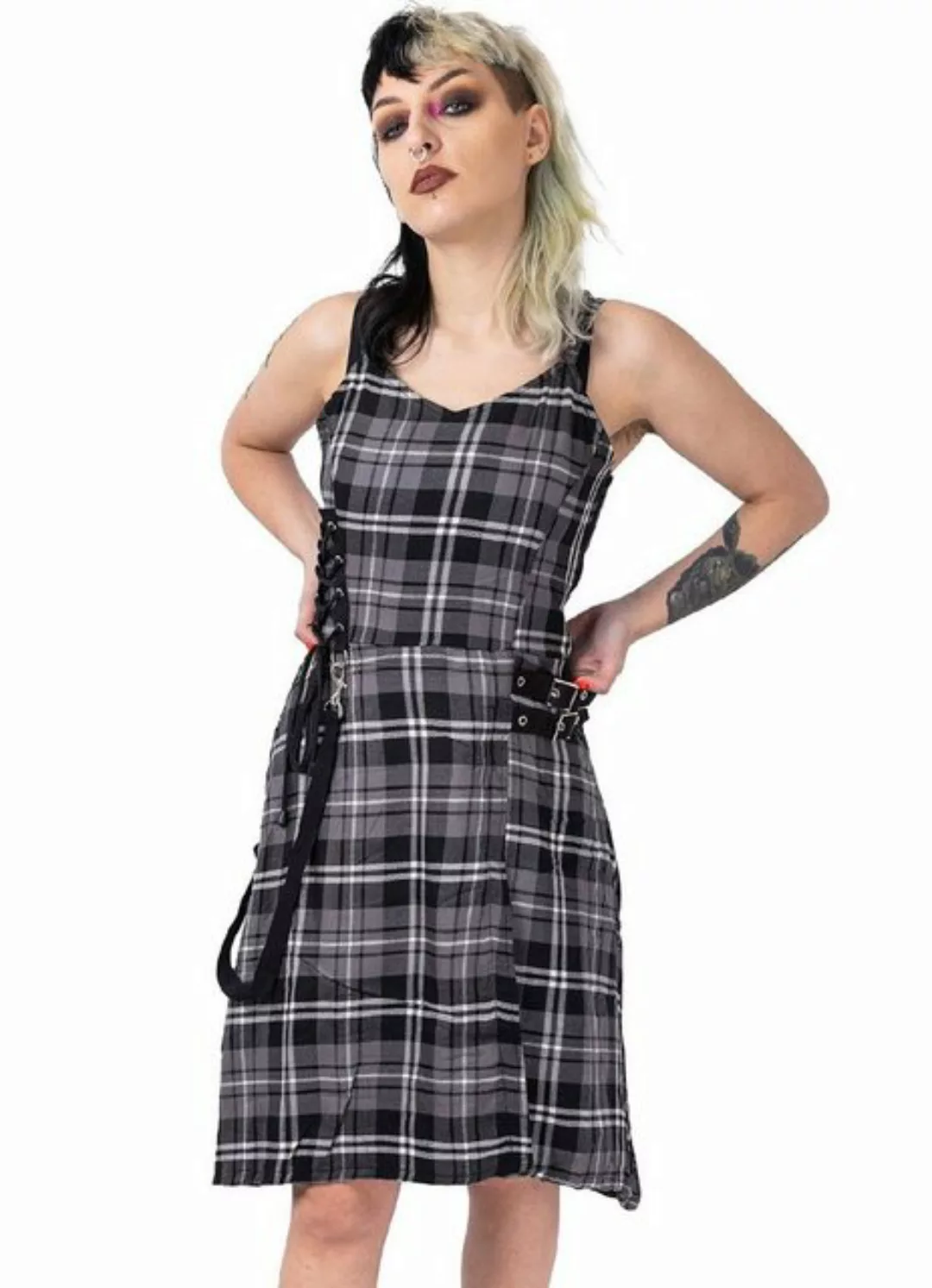 Heartless A-Linien-Kleid Kina Dress Grau Kariert Punk Zierschnürung Riemen günstig online kaufen