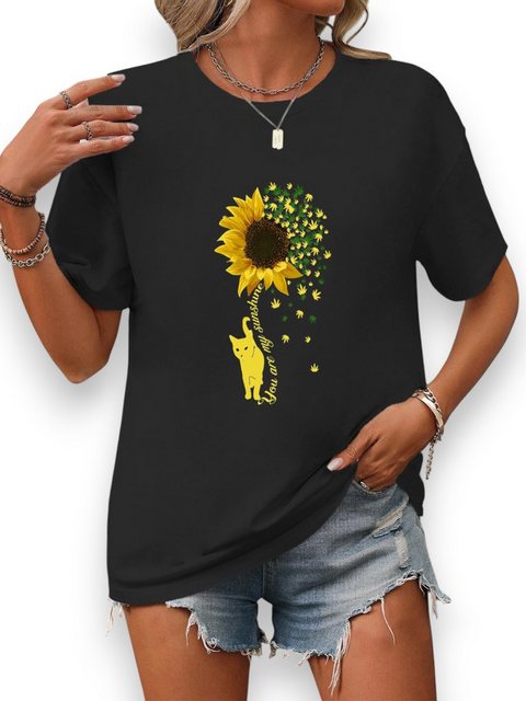 PYL Rundhalsshirt Damen Sommer Kurzarmbluse Locker Sonnenblume Print-Shirt günstig online kaufen