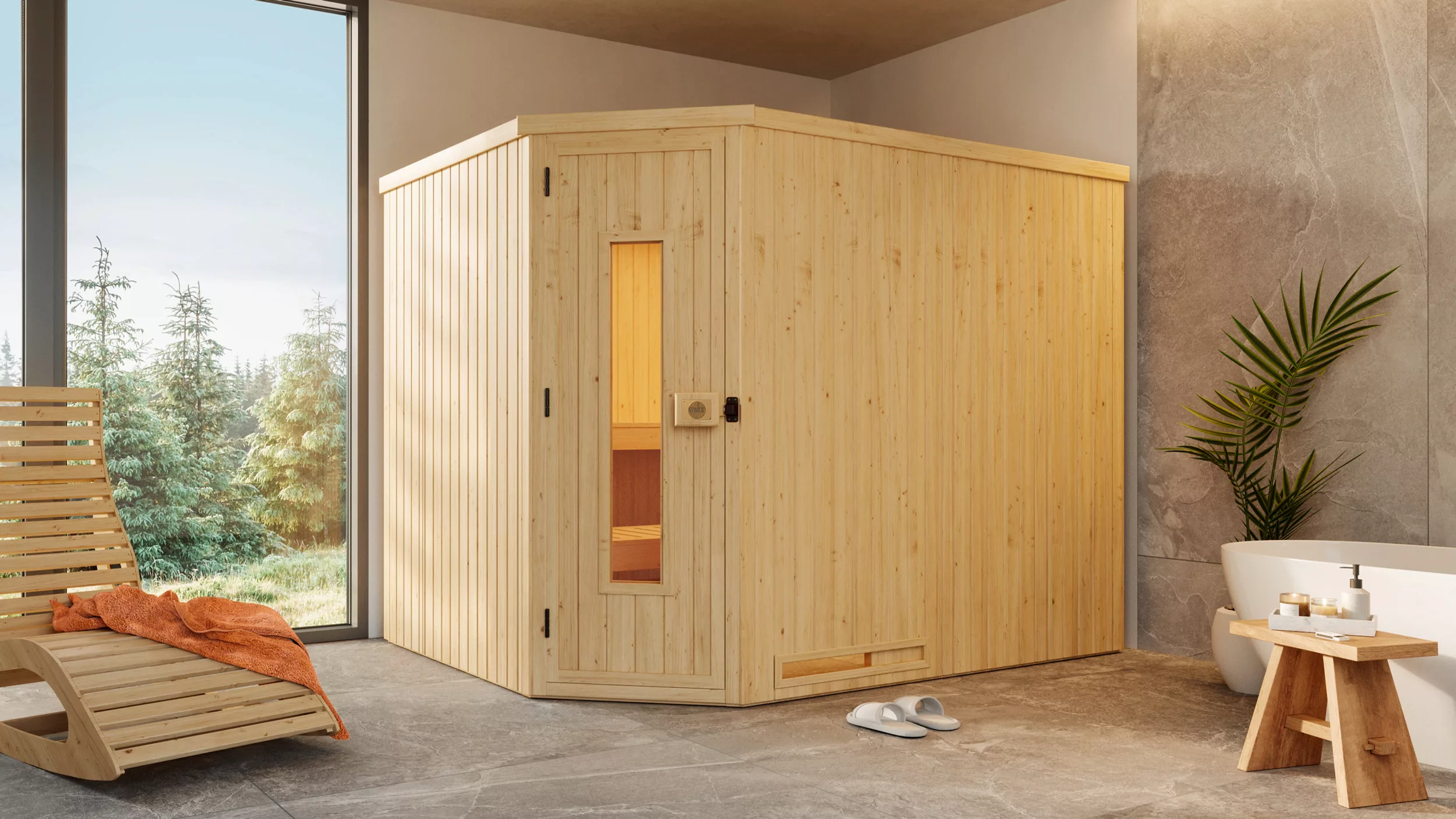 Weka Element-Ecksauna Varberg 4 Sparset 9 kW Kompakt Holztür günstig online kaufen