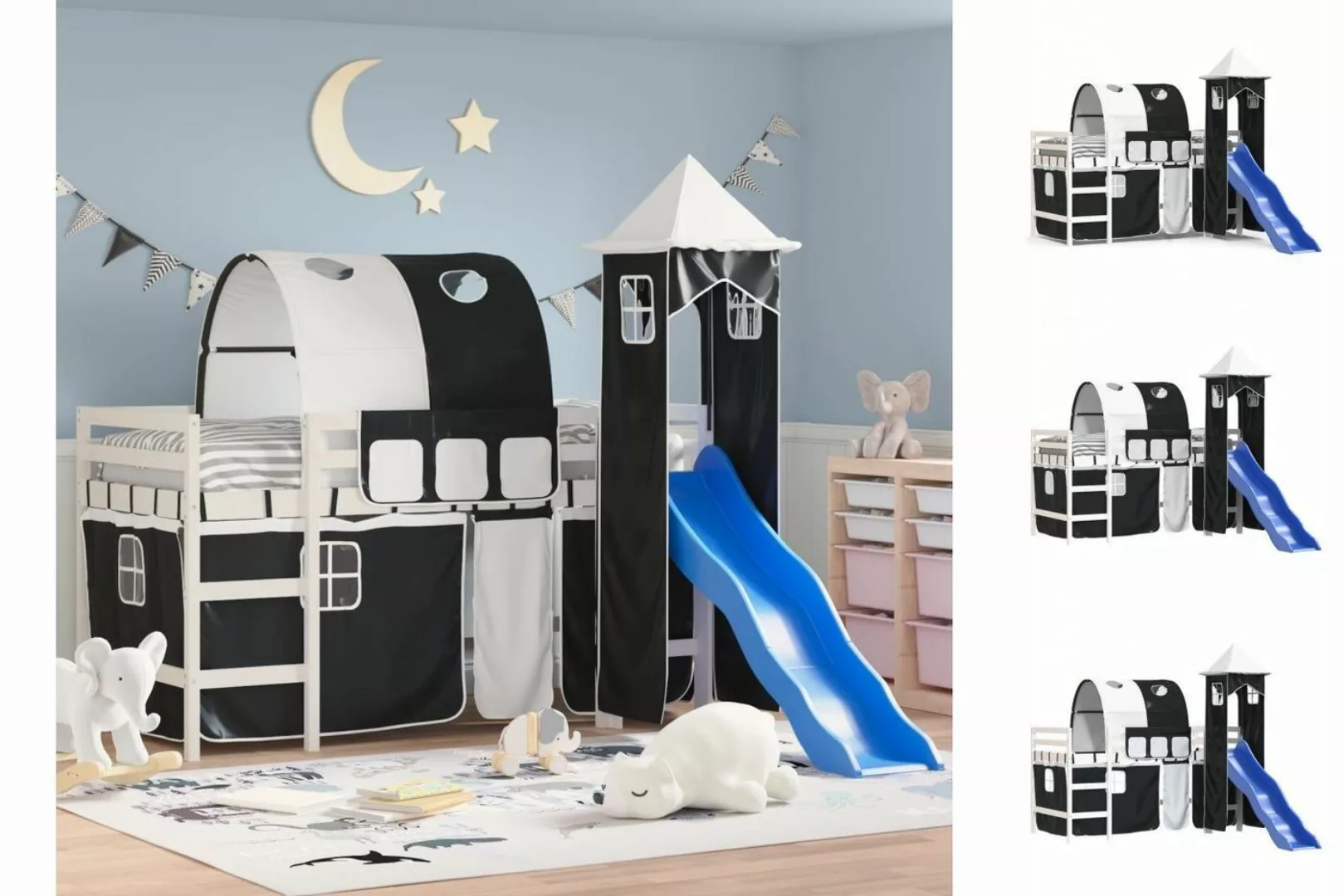 vidaXL Kinderbett Kinderhochbett mit Turm Weiß Schwarz 90x200 cm Kiefernhol günstig online kaufen