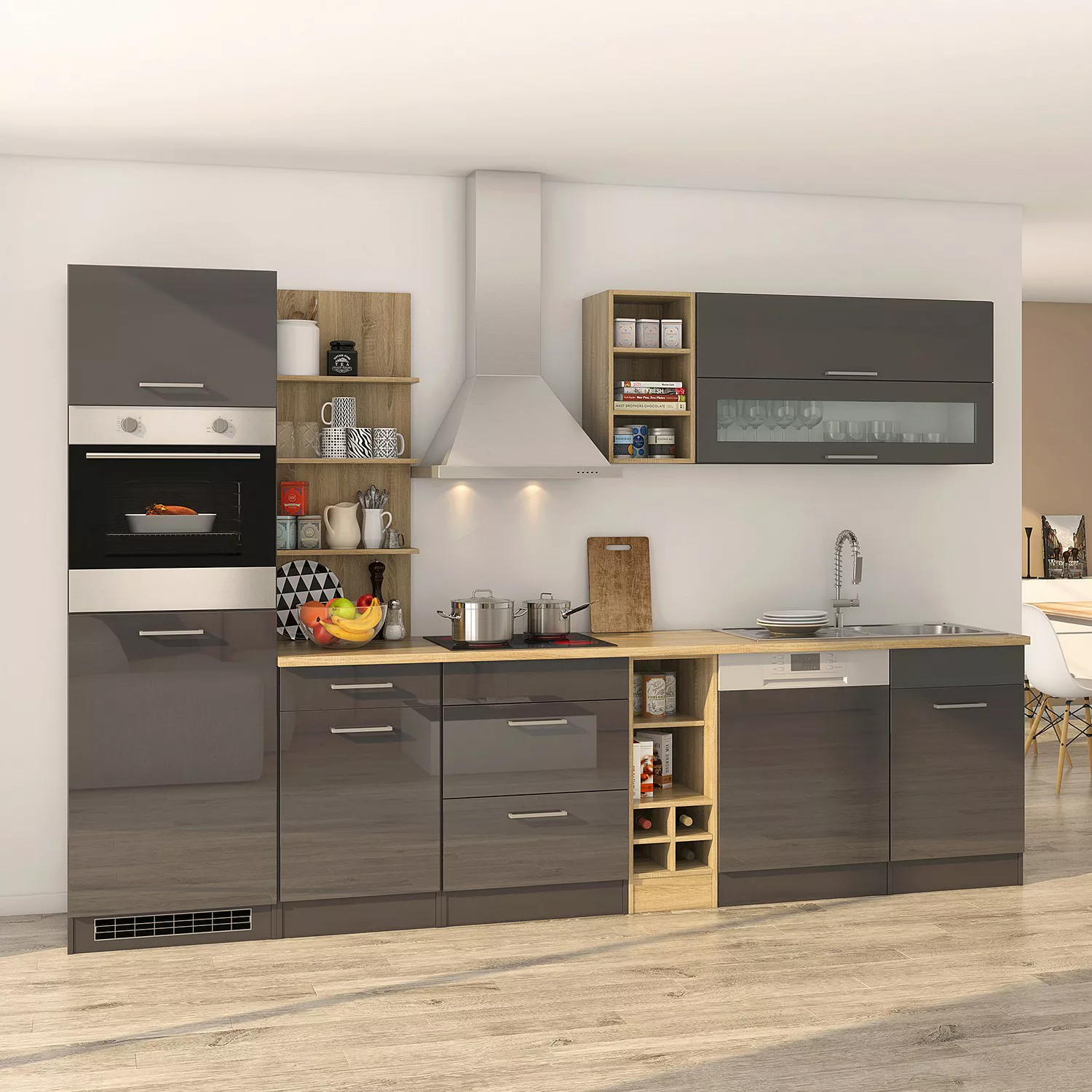 Held Möbel Küchenzeile Mailand 310 cm Grau Hochglanz-Grau Matt mit E-Geräte günstig online kaufen