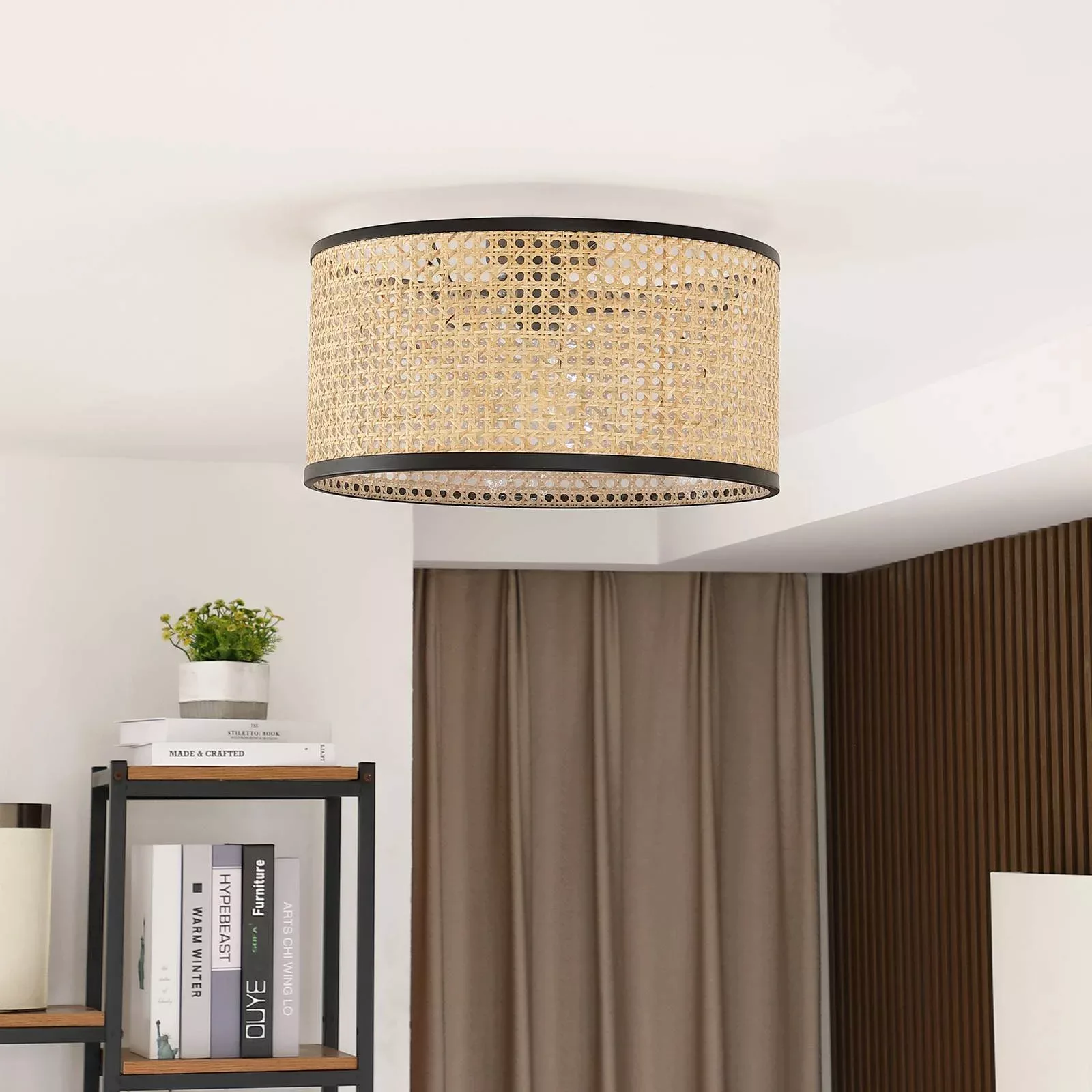 Lindby Deckenlampe Yaelle, 22 cm hoch, Rattan, schwarz, E27 günstig online kaufen