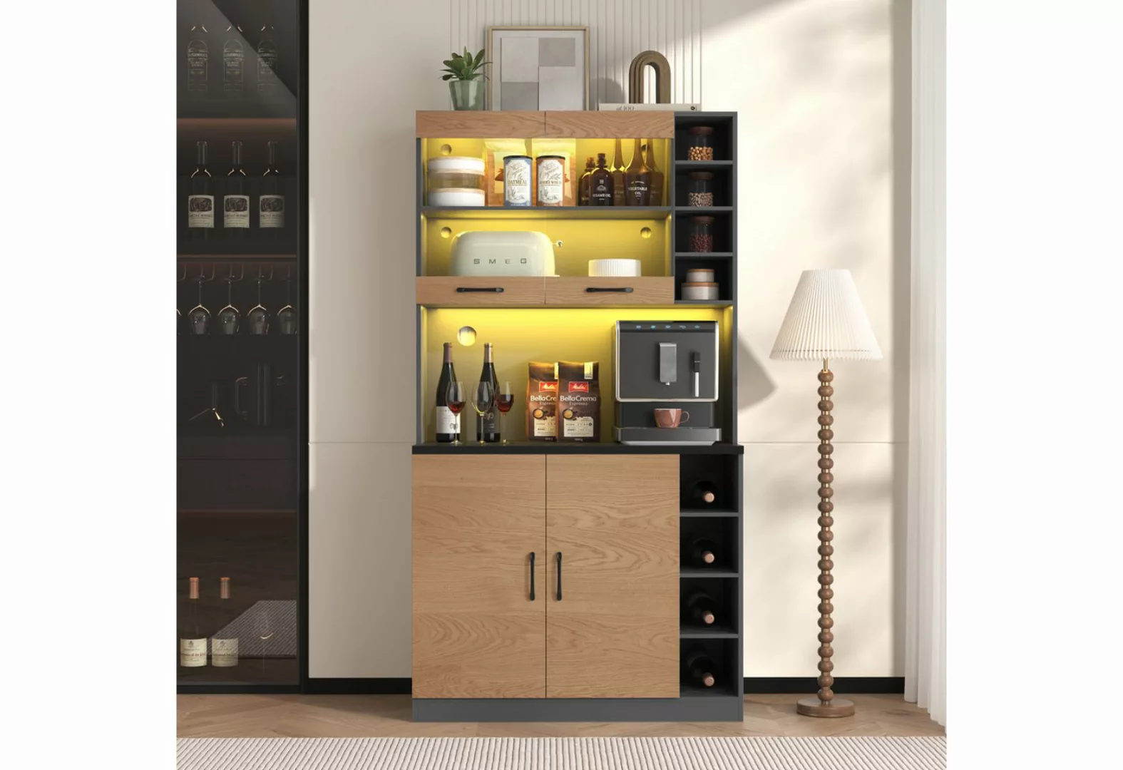 Ulife Küchenbuffet Küchenschrank aus Holz mit LED und viel Platz für Mikrow günstig online kaufen