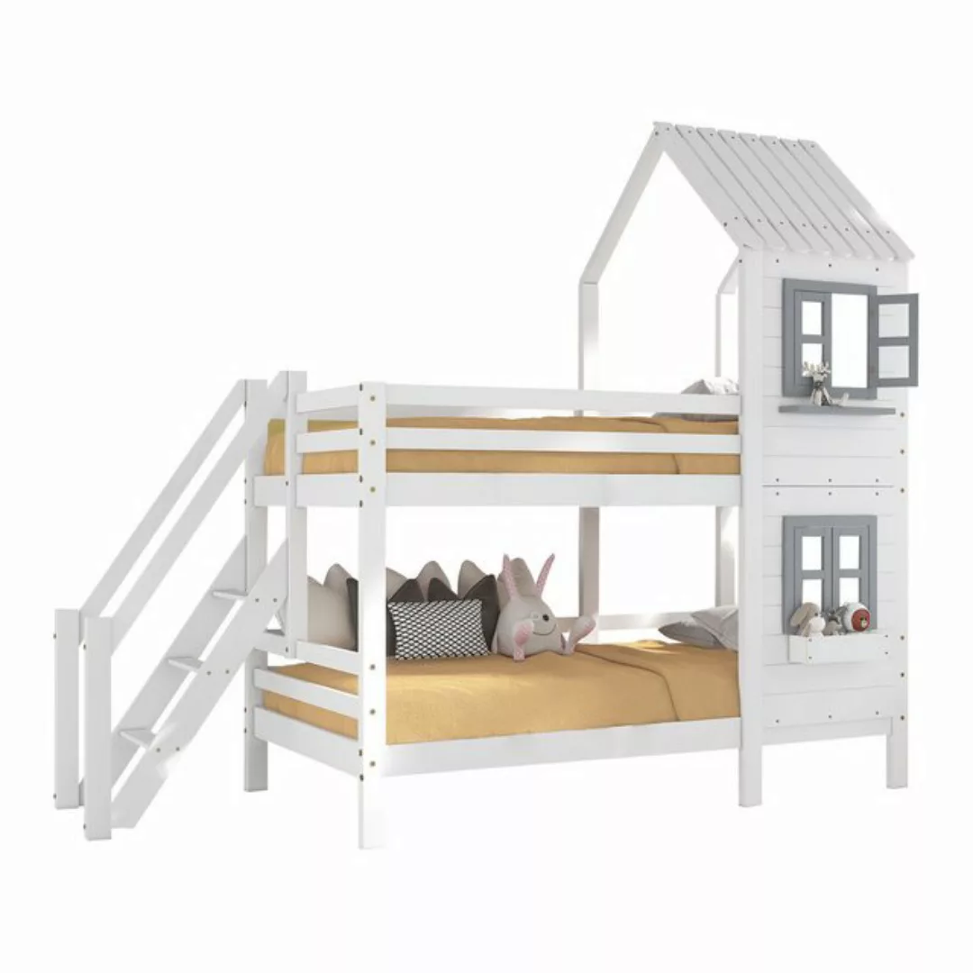 Flieks Etagenbett, Hausbett mit Fallschutz Leiter Kinderbett Kiefer 90x200c günstig online kaufen