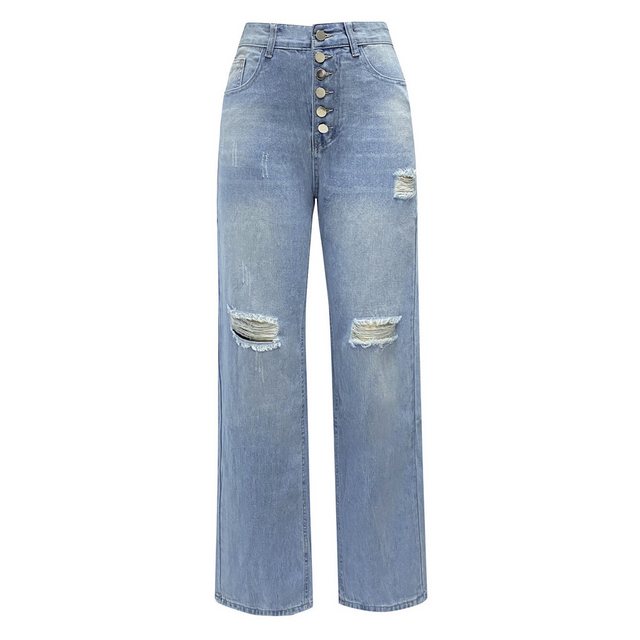 KIKI Destroyed-Jeans Damen Jeans Blaue, zerrissene Jeans, lockere, gerade F günstig online kaufen