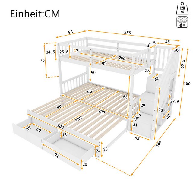 Flieks Etagenbett, Kinderbett 90x200cm mit umwandelbarem Unterbett 90x200/1 günstig online kaufen