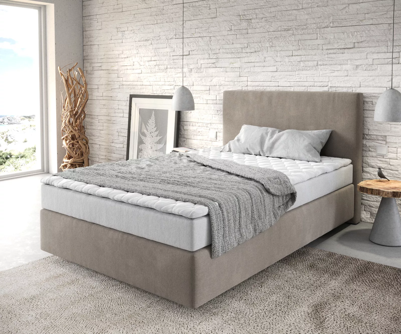 Boxspringbett Dream-Well 120x200 cm Mikrofaser Beige mit Matratze und Toppe günstig online kaufen