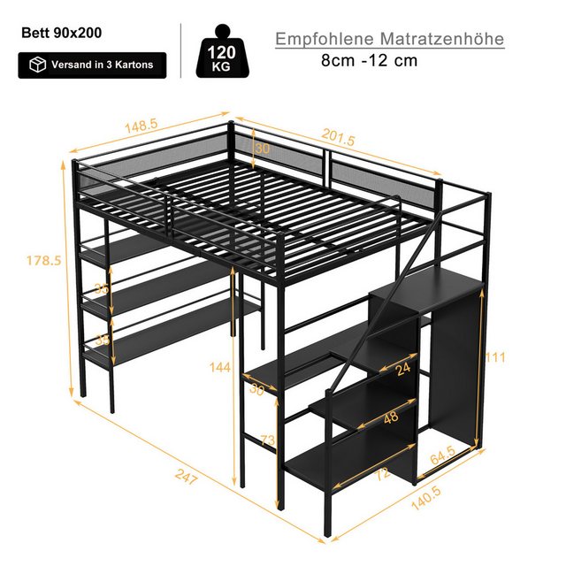 SeedWave Hochbett Metall-Hochbett mit Dreistöckiges Regal und Schreibtisch günstig online kaufen