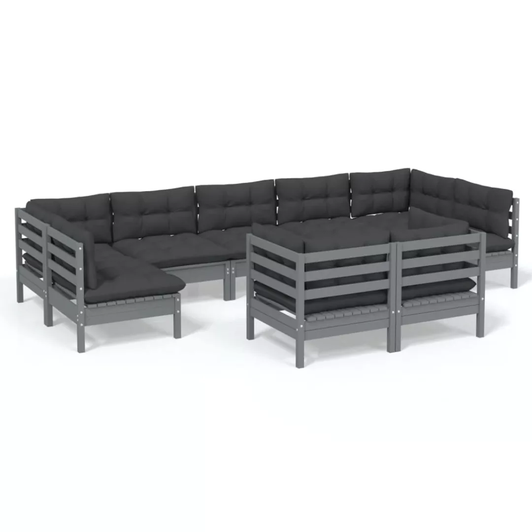 9-tlg. Garten-lounge-set Mit Kissen Grau Kiefer Massivholz günstig online kaufen