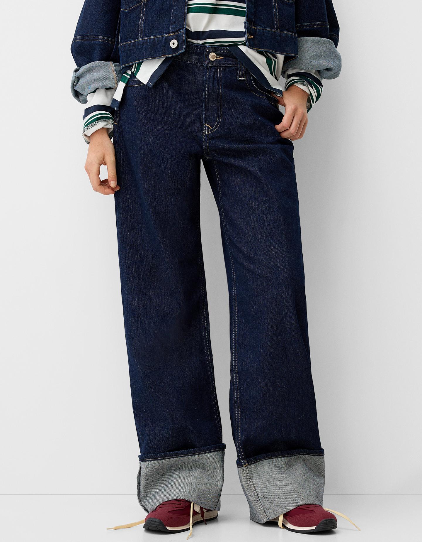 Bershka Wide-Leg-90'S-Jeans Mit Umgeschlagenem Saum Damen 34 Marinenblau günstig online kaufen