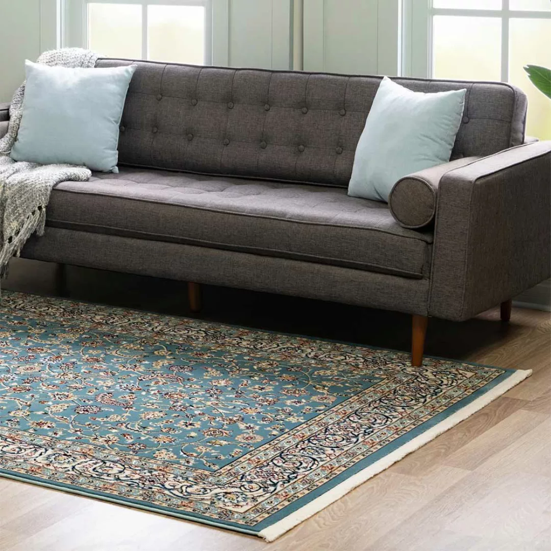 Rechteckiger Kurzflor Teppich mit orientalischem Muster Blau und Cremefarbe günstig online kaufen