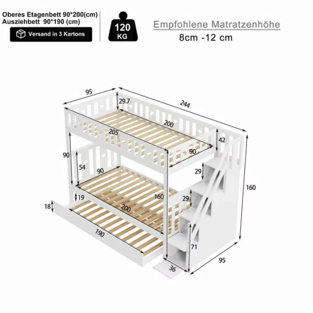 Flieks Etagenbett, Kinderbett 90x200cm mit Ausziehbett 90x190cm und Staurau günstig online kaufen