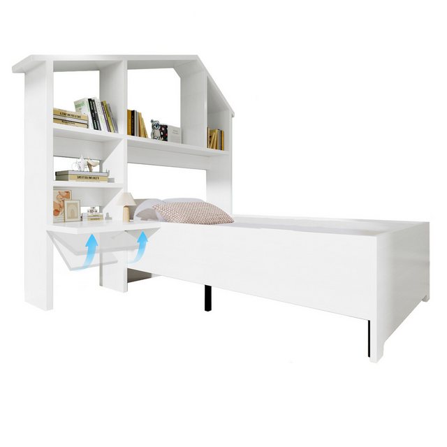 Flieks Kinderbett, Einzelbett Holzbett 90x200cm mit Bücherregale, faltbarem günstig online kaufen