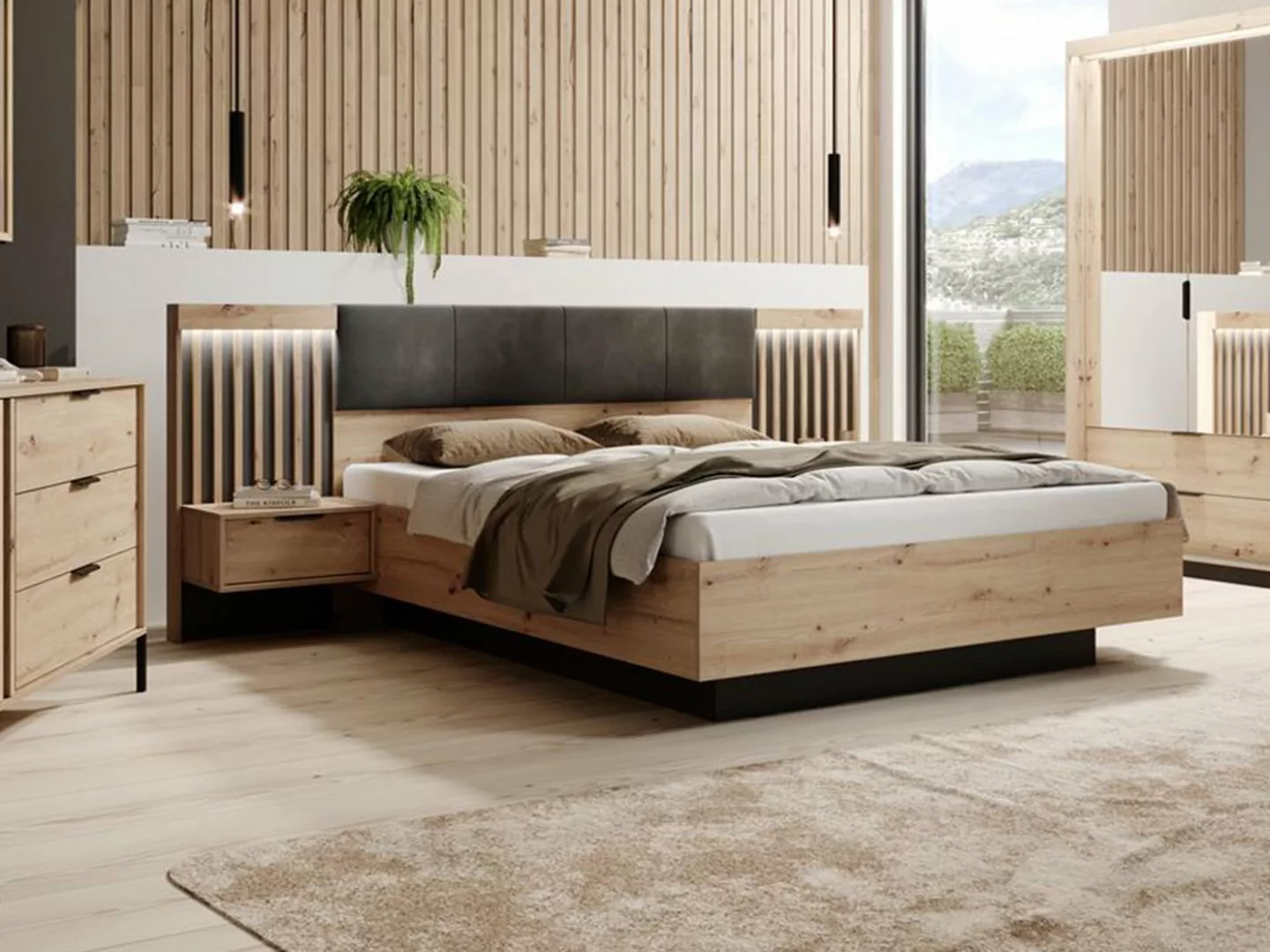 Compleo Bett mit Nachttischen. Modern Schlafzimmer mit Lamellen MONS, Eiche günstig online kaufen