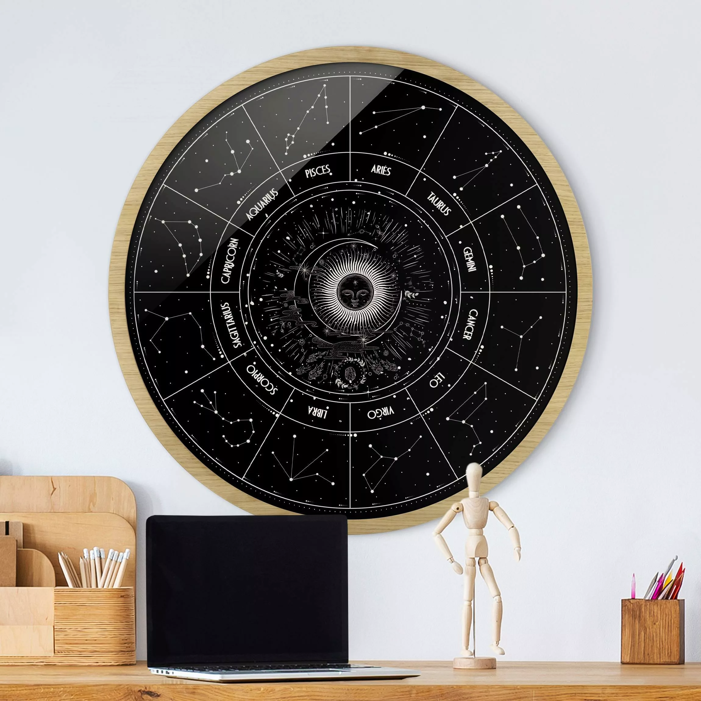 Rundes Gerahmtes Bild Astrologie Die 12 Sternzeichen Schwarz günstig online kaufen