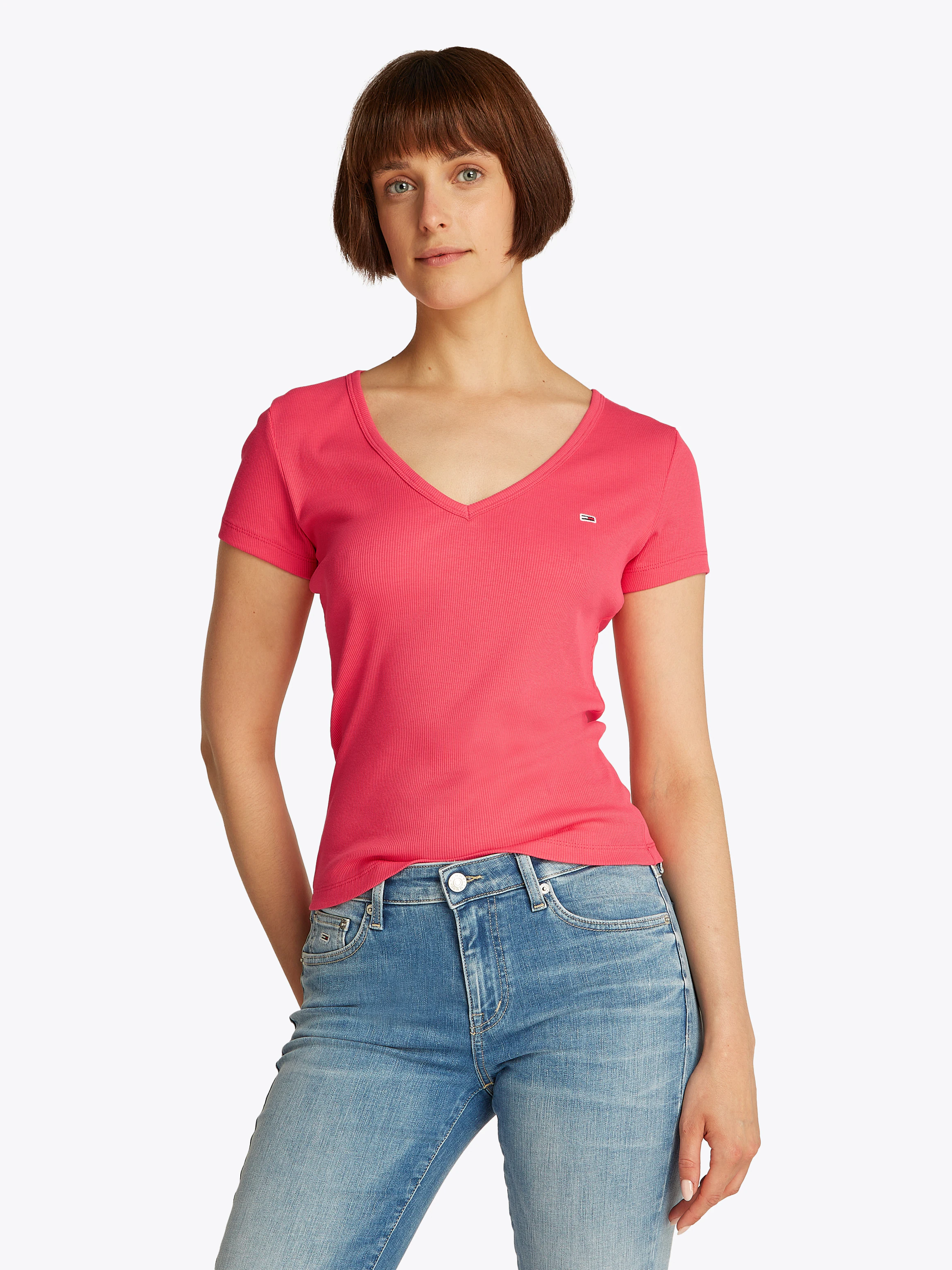 Tommy Jeans T-Shirt "TJW SLIM ESSENTIAL RIB V SS", mit Logostickerei günstig online kaufen