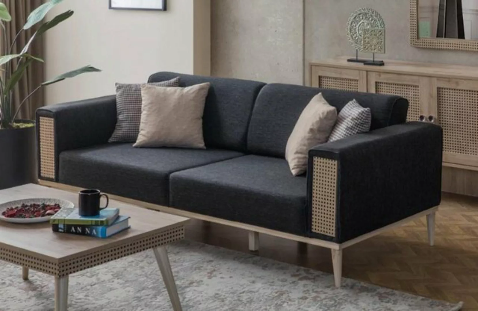 JVmoebel 3-Sitzer Designer 3-Sitzer Graue Wohnzimmer Textil Couch Edelstahl günstig online kaufen