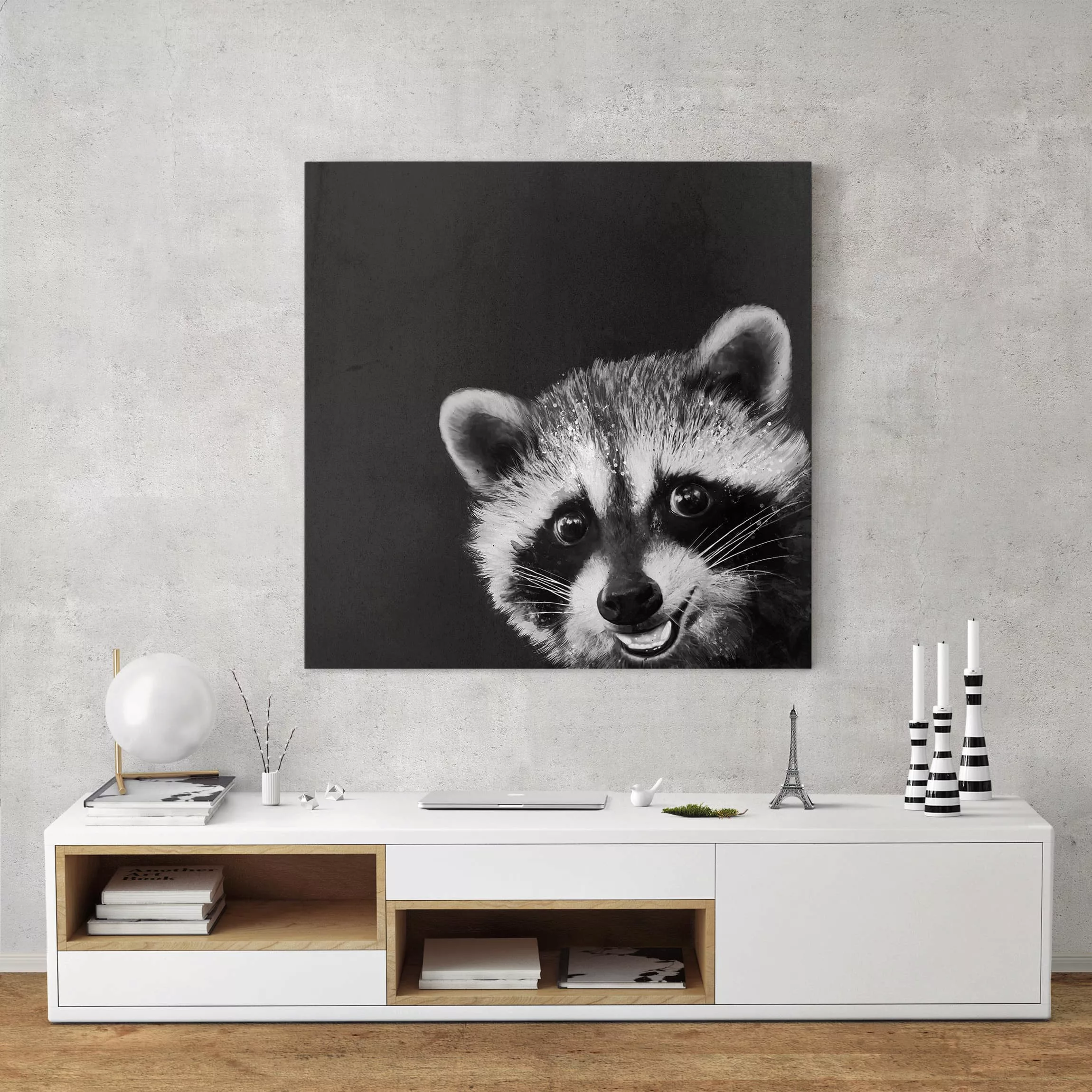 Leinwandbild Tiere - Quadrat Illustration Waschbär Schwarz Weiß Malerei günstig online kaufen